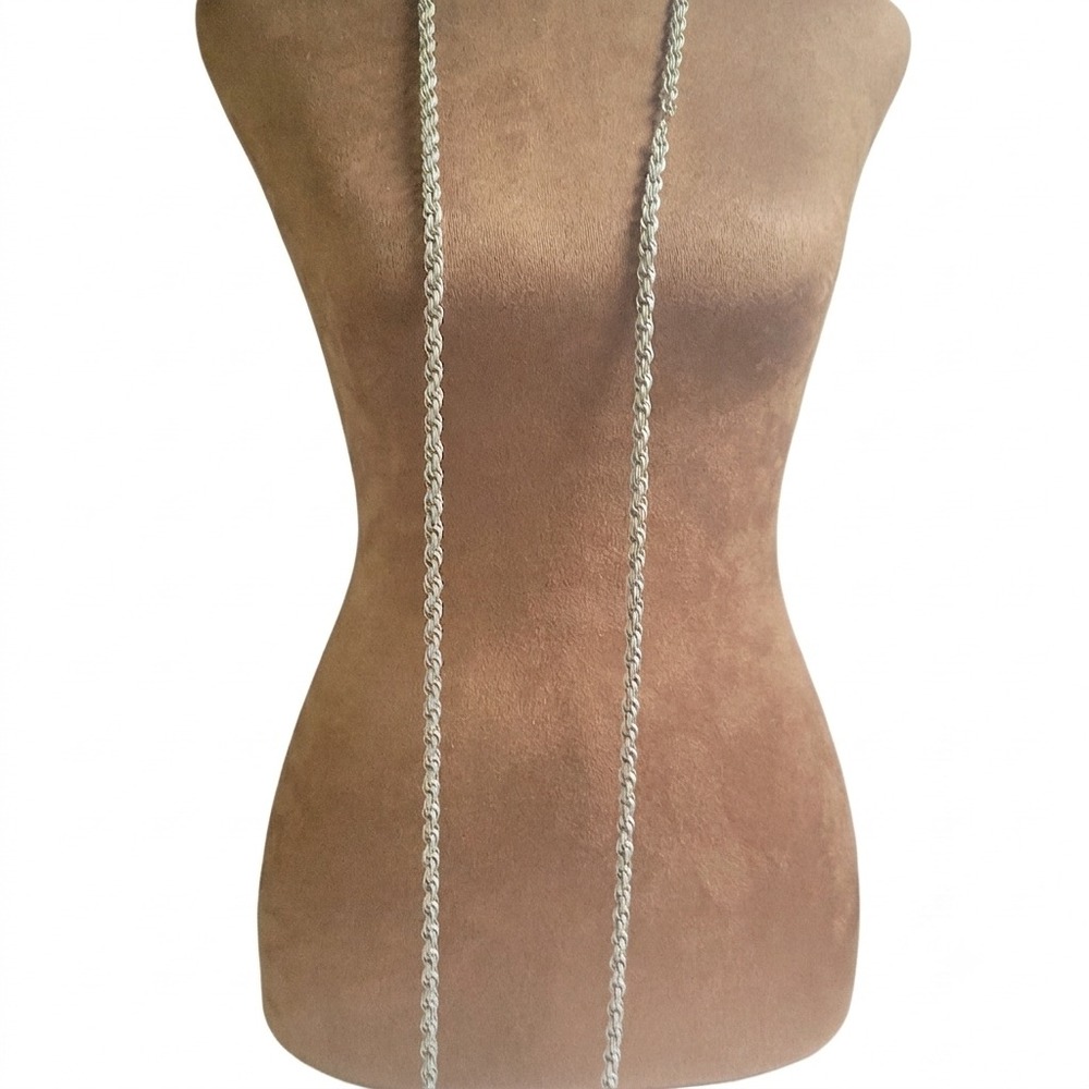 Vintage Silver Tone Textured Rope Chain Long Flapper Necklace 60 " Co